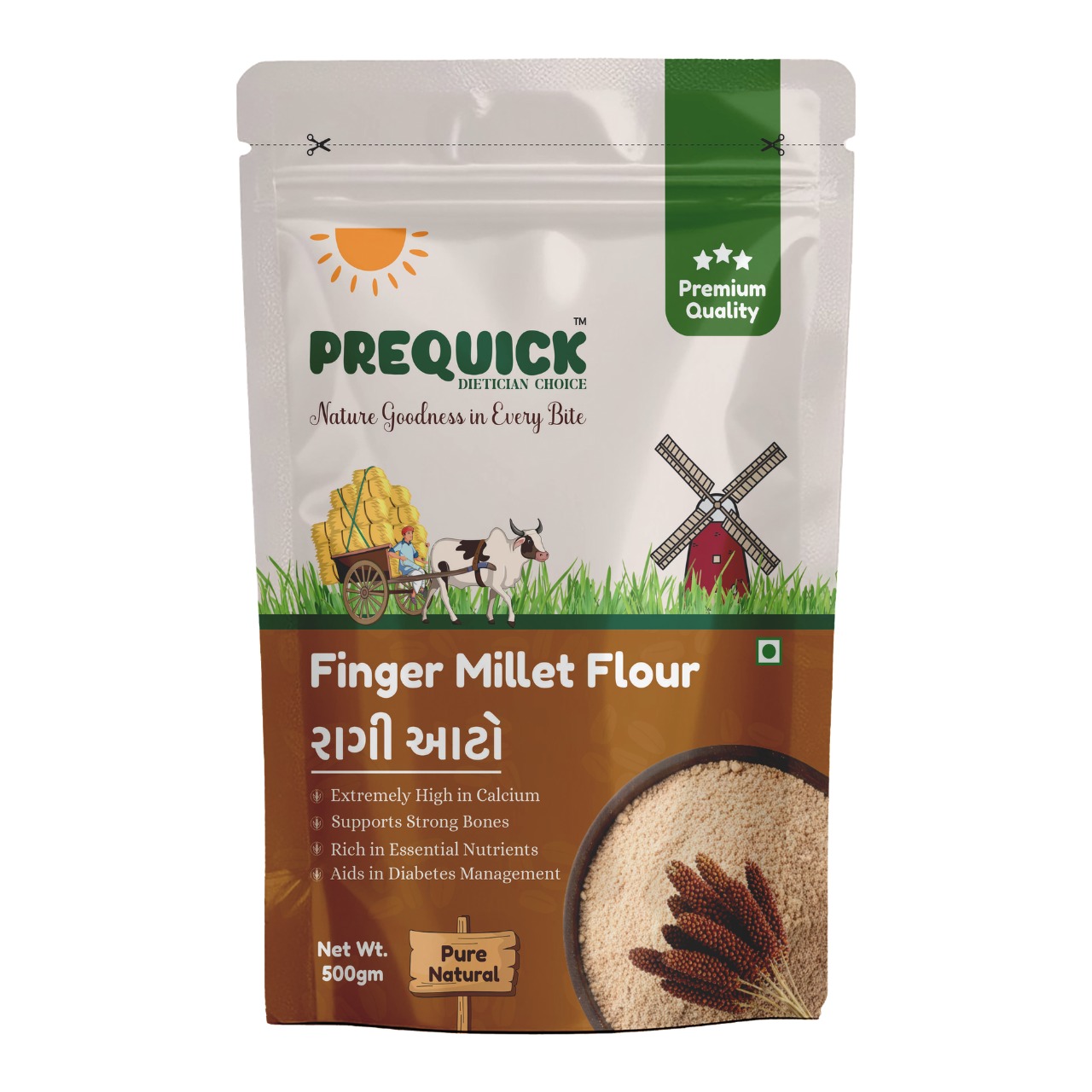 PREQUICK Finger Millet Flour (Ragi Atta) 500g | Calcium-Rich Natural Millet Flour