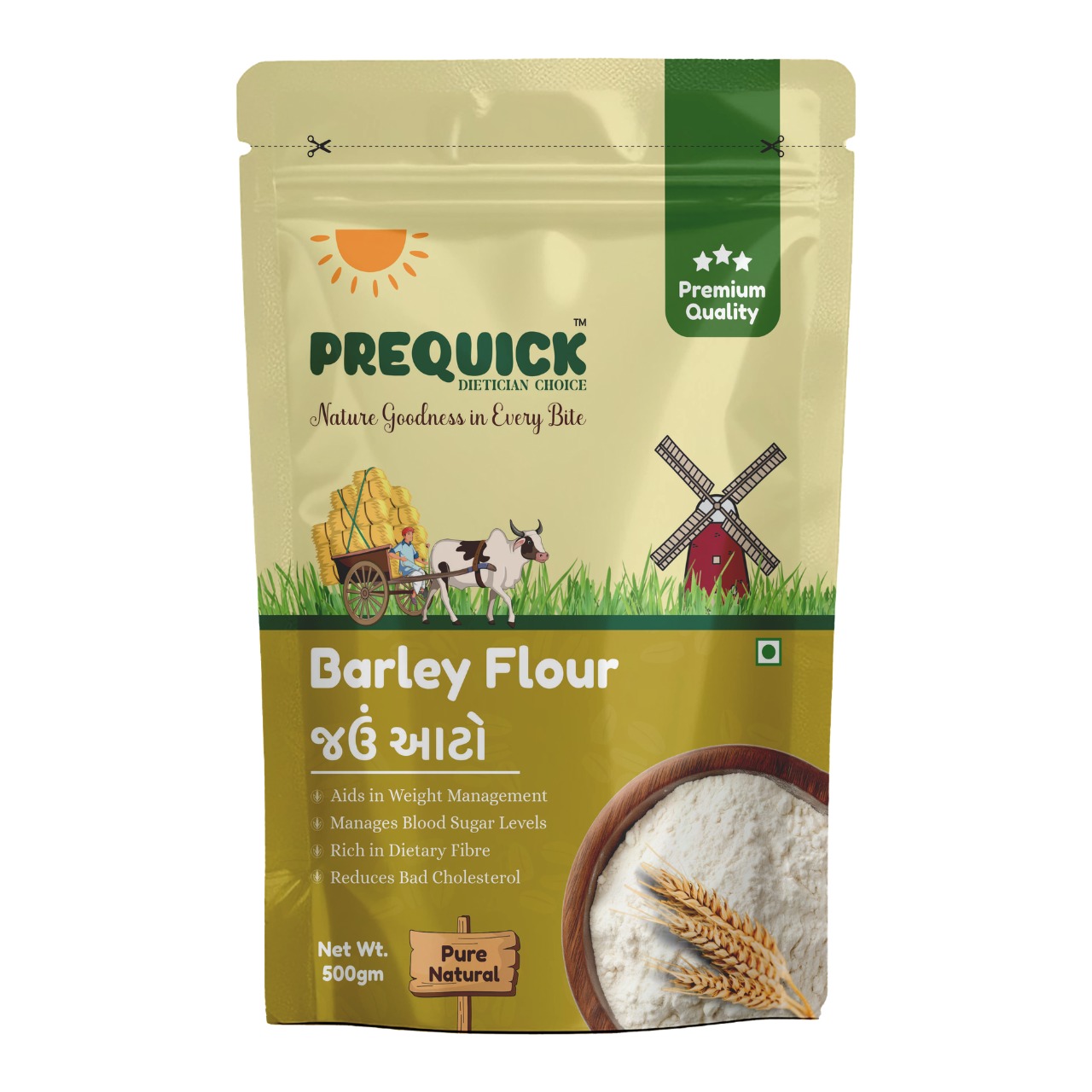 PREQUICK Barley Flour (Jau Atta) 500g | High Fiber Natural Flour for Healthy Living